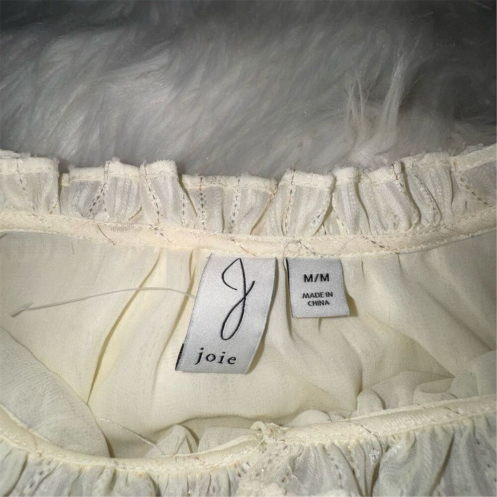 Joie Women's Ivory and Gold Ruffle Blouse M Long Balloon Sleeve Party Christmas - Picture 10 of 17